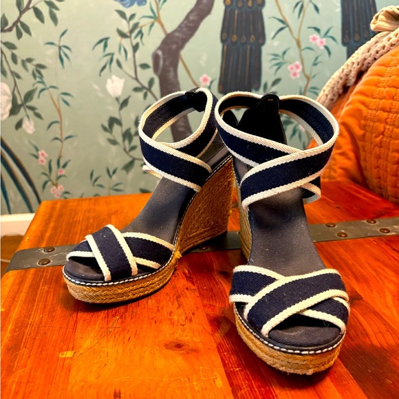 Tory Burch Platform Espadrille Stripe Strap Wedge Sandals - Picture 1 of 8